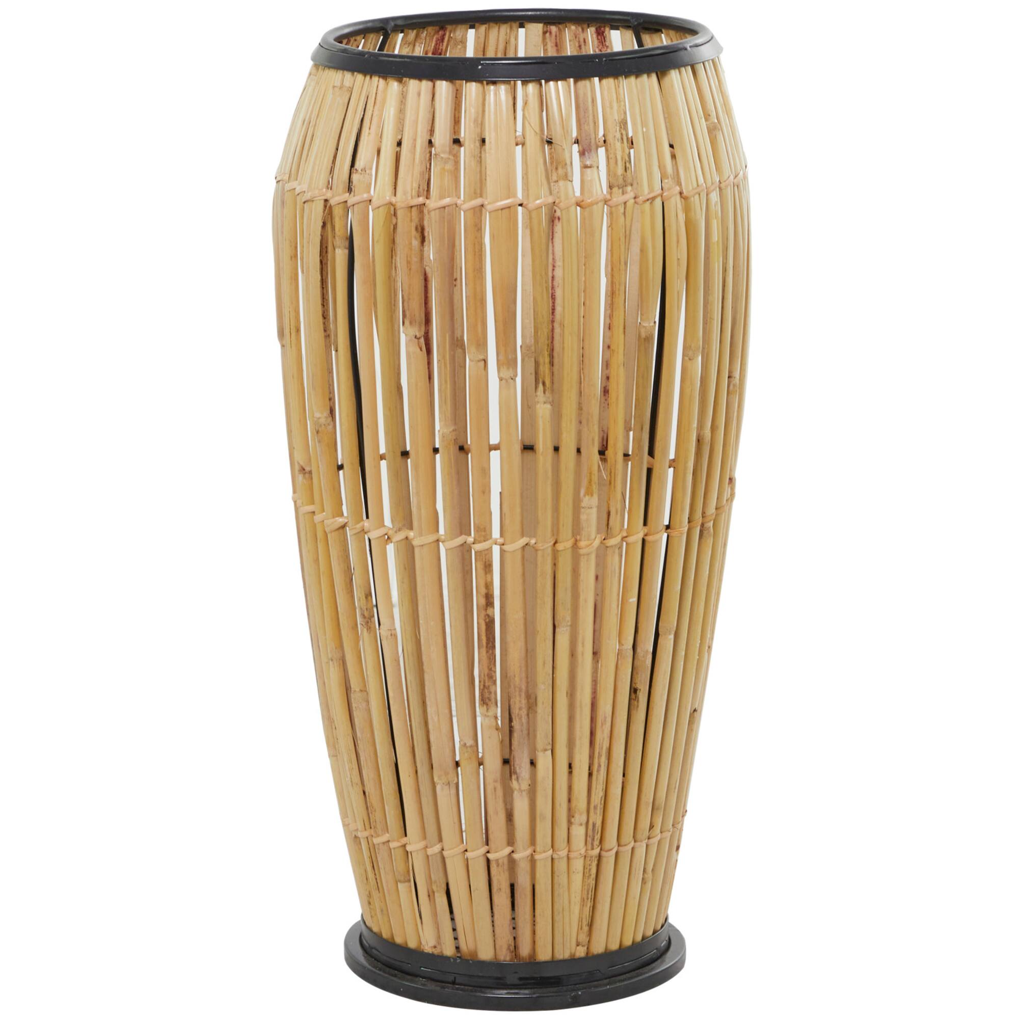Brown Wicker Handmade Slatted Frame Vase with Black Metal Accents